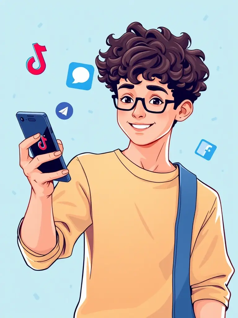 Illustration of a person sharing a referral link across various social media platforms like TikTok, Telegram, Instagram, and Facebook.